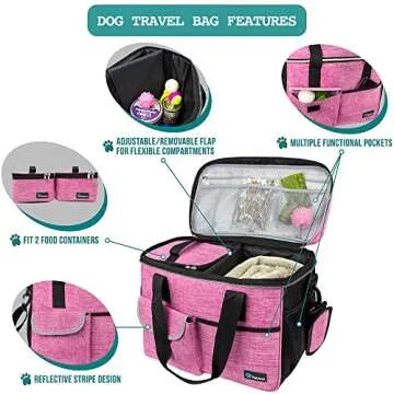 PetAmi Dog Travel Bag, Travel Pet Bag Organizer, Dog Food Travel Bag with Food Container and Bowls, Dog Travel Supplies Gift Accessories for Weekend Camping, Dog Cat Diaper Bag (Pink, Medium)