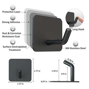 VIS'V Adhesive Hooks, Black Self Adhesive Wall Hooks Heavy Duty Stainless Steel Waterproof Shower Stick on Hooks Sticky Towel Hooks for Bathroom Kitchen Livingroom Camper 4 Pcs