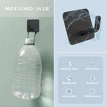 VIS'V Adhesive Hooks, Black Self Adhesive Wall Hooks Heavy Duty Stainless Steel Waterproof Shower Stick on Hooks Sticky Towel Hooks for Bathroom Kitchen Livingroom Camper 4 Pcs