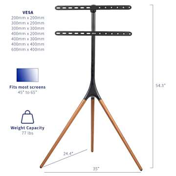 VIVO Artistic Easel 45 to 65 inch LED LCD Screen, Studio TV Display Stand, Adjustable TV Mount with Swivel and Tripod Base, Black Bracket, Dark Walnut Legs, STAND-TV65A