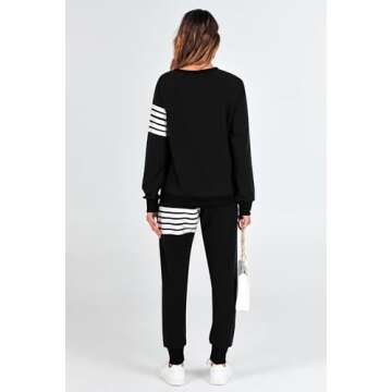 PRETTYGARDEN Women's Two Piece Striped Outfits Casual Long Sleeve Top and Sweatpants Matching Tracksuit Jogger Set (Black,Medium)