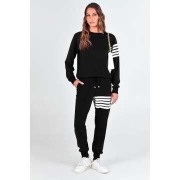 PRETTYGARDEN Women's Two Piece Striped Outfits Casual Long Sleeve Top and Sweatpants Matching Tracksuit Jogger Set (Black,Medium)