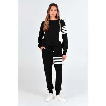 PRETTYGARDEN Women's Two Piece Striped Outfits Casual Long Sleeve Top and Sweatpants Matching Tracksuit Jogger Set (Black,Medium)
