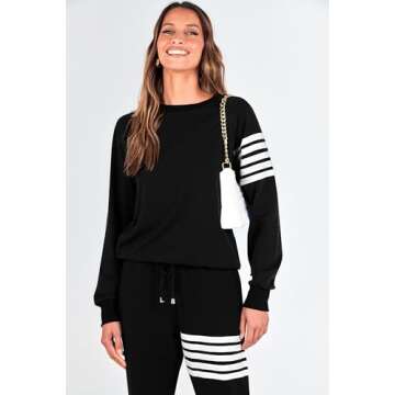 PRETTYGARDEN Women's Two Piece Striped Outfits Casual Long Sleeve Top and Sweatpants Matching Tracksuit Jogger Set (Black,Medium)