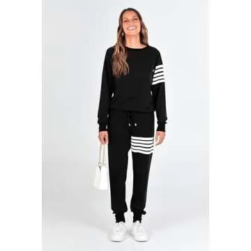 PRETTYGARDEN Women's Two Piece Striped Outfits Casual Long Sleeve Top and Sweatpants Matching Tracksuit Jogger Set (Black,Medium)