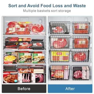 iSPECLE Upright Freezer Organizer Bins - 4 Pack Freezer Baskets for 16/17 / 21 Cu.Ft Stand up Freezer, Easily Get Food, Stop Food Fall out from Freezer Allow Air Circulation, 2 Large 2 Medium, Black