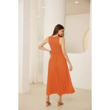 GRACE KARIN Casual Summer Sleeveless Pleated Flowy Swing Midi Dresses with Belt Orange S