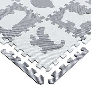 Yostrong 18 Tiles Interlocking Animal Puzzle Foam Baby Play Mat with Straight Edges for Playing - Rubber EVA Babies Crawling Mats for Floor. White, Light Gray. YOP-51(AL) b18S18