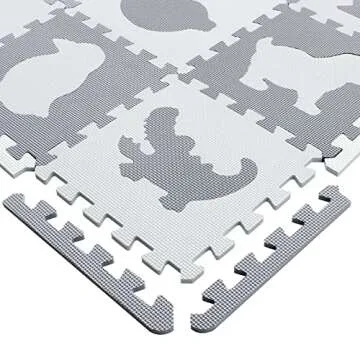 Yostrong 18 Tiles Interlocking Animal Puzzle Foam Baby Play Mat with Straight Edges for Playing - Rubber EVA Babies Crawling Mats for Floor. White, Light Gray. YOP-51(AL) b18S18