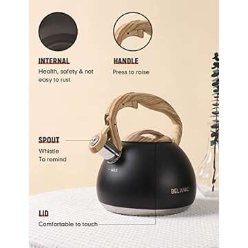 Tea Kettle, BELANKO 102 OZ / 3 Liter Whistling Tea Kettle, Tea Pots for Stove Top Food Grade Stainless Steel with Wood Pattern Handle, Loud Whistle Kettle for Tea, Coffee, Water, Milk