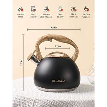 Tea Kettle, BELANKO 102 OZ / 3 Liter Whistling Tea Kettle, Tea Pots for Stove Top Food Grade Stainless Steel with Wood Pattern Handle, Loud Whistle Kettle for Tea, Coffee, Water, Milk