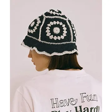 JiaTL WeyJia Knit Bucket Hat for Women Handmade Crochet Foldable Floppy Hat Fashion Cute Comfy and Casual (B-Black)