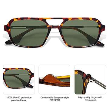 SOJOS Vintage Polarized Aviator Sunglasses for Women Men 70s Retro Flat Narraw Rectangular Womens Glasses SJ2186 with Leopard/Green Lens