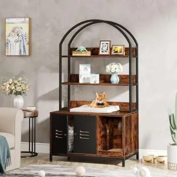 Tribesigns Litter Box Enclosure with Shelves, Hidden Cat Litter Box Furniture with Doors, Wood Cat Washroom Storage Cabinet, Multipurpose Pet House Cat Box for Living Room, Bedroom, Rustic Brown