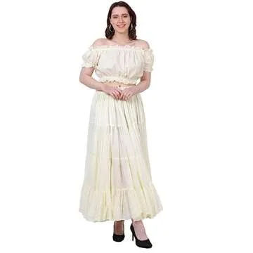 Wevez® Women's Plus Size Gypsy 25 Yard Long Flowy Solid Color Renaissance fair Skirt, Off-White