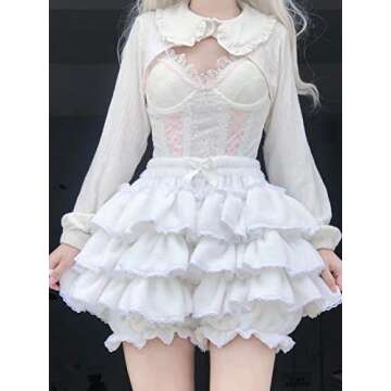 Women Lolita Bloomers Teens Japanese Cute Maid Tiered Ruffle Bloomer Shorts Kawaii Fuzzy Fluffy Pumpkin Pants Pettipants (White)