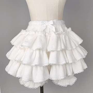 Women Lolita Bloomers Teens Japanese Cute Maid Tiered Ruffle Bloomer Shorts Kawaii Fuzzy Fluffy Pumpkin Pants Pettipants (White)