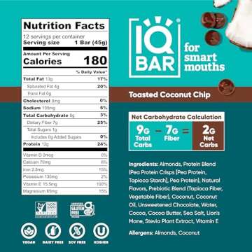 IQBAR Brain and Body Plant Protein Bars - Toasted Coconut Chip - 12-Count Low Carb - Gluten Free, High Fiber, Vegan Snacks - Low Sugar Meal Replacement