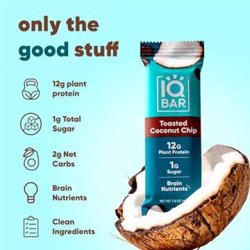 IQBAR Brain and Body Plant Protein Bars - Toasted Coconut Chip - 12-Count Low Carb - Gluten Free, High Fiber, Vegan Snacks - Low Sugar Meal Replacement