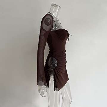 XLLAIS Women Long Puff Sleeve Mini Bodycon Mesh Dress Split Hem Clubwear (Brown, Small)