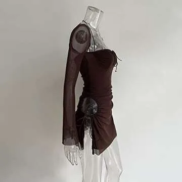 XLLAIS Women Long Puff Sleeve Mini Bodycon Mesh Dress Split Hem Clubwear (Brown, Small)