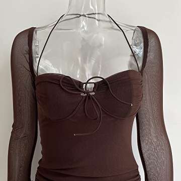 XLLAIS Women Long Puff Sleeve Mini Bodycon Mesh Dress Split Hem Clubwear (Brown, Small)