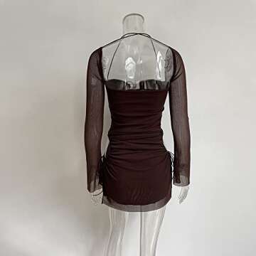 XLLAIS Women Long Puff Sleeve Mini Bodycon Mesh Dress Split Hem Clubwear (Brown, Small)