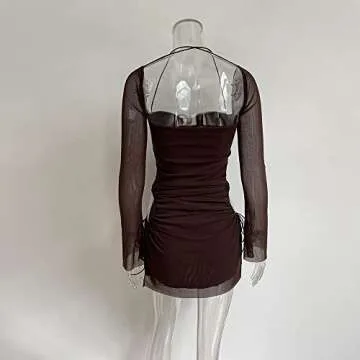 XLLAIS Women Long Puff Sleeve Mini Bodycon Mesh Dress Split Hem Clubwear (Brown, Small)