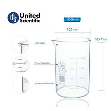 United Scientific™ BG1000-5000 Borosilicate Laboratory Grade Glass Beakers | Griffin Style Low Form Beaker | Graduated with Spout | Designed for Laboratories & Chemistry Classrooms | 5000mL Capacity