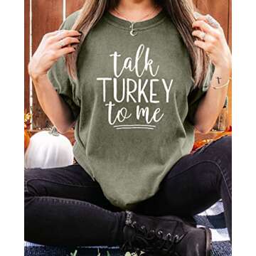 Talk Turkey to Me T Shirt Women Thanksgiving Funny Letter Print Short Sleeve Casual Tee Tops Size M (Green)