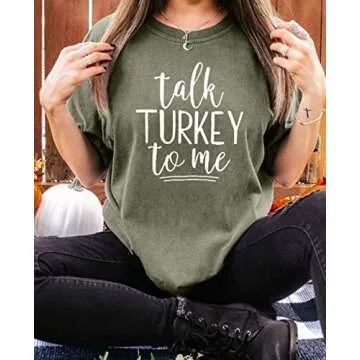 Talk Turkey to Me T Shirt Women Thanksgiving Funny Letter Print Short Sleeve Casual Tee Tops Size M (Green)