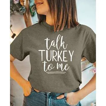 Talk Turkey to Me T Shirt Women Thanksgiving Funny Letter Print Short Sleeve Casual Tee Tops Size M (Green)