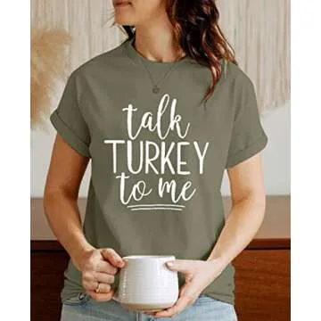 Talk Turkey to Me T Shirt Women Thanksgiving Funny Letter Print Short Sleeve Casual Tee Tops Size M (Green)