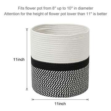TIMEYARD Woven Cotton Rope Plant Basket for 10" Flower Pot Floor Indoor Planters, 11” x 11” Storage Basket Organizer Modern Home Decor, Black and White Mix Stripes
