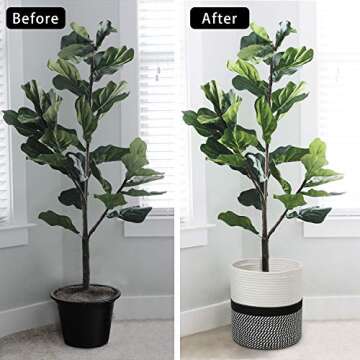 TIMEYARD Woven Cotton Rope Plant Basket for 10" Flower Pot Floor Indoor Planters, 11” x 11” Storage Basket Organizer Modern Home Decor, Black and White Mix Stripes