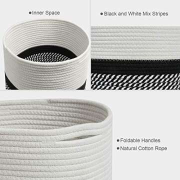 TIMEYARD Woven Cotton Rope Plant Basket for 10" Flower Pot Floor Indoor Planters, 11” x 11” Storage Basket Organizer Modern Home Decor, Black and White Mix Stripes