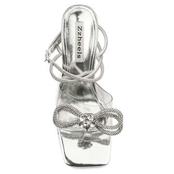 Zzheels Double Bowknots Crystal Sandals Clear Slingback Heels Square Toe Shoes for Party Wedding Dating Silver US7.5