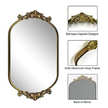 SMIROR Arched Gold Antique Mirror 24x 36, Arch Vintage Mirror for Wall, Metal Framed Baroque Mirror for Bathroom Vanity Mantel