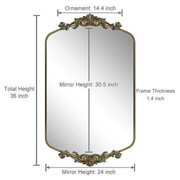 SMIROR Arched Gold Antique Mirror 24x 36, Arch Vintage Mirror for Wall, Metal Framed Baroque Mirror for Bathroom Vanity Mantel