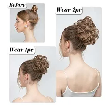 SARLA 2PCS Messy Hair Bun Hair Pieces Wavy Curly Synthetic Updo Fake Scrunchies Ponytail Extension for Women Black Brown
