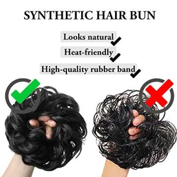 SARLA 2PCS Messy Hair Bun Hair Pieces Wavy Curly Synthetic Updo Fake Scrunchies Ponytail Extension for Women Black Brown