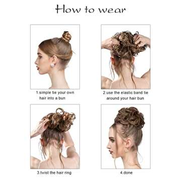 SARLA 2PCS Messy Hair Bun Hair Pieces Wavy Curly Synthetic Updo Fake Scrunchies Ponytail Extension for Women Black Brown