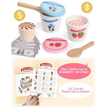 Toyssa Wooden Ice Cream Toys Kids Pretend Play Store Toys for Toddlers Girls 3 4 5 6, Wooden Food Christmas Birthday Gifts Play Kitchen Accessories for 2 3 4 5 Year Old Girls Boys