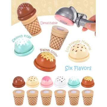 Toyssa Wooden Ice Cream Toys Kids Pretend Play Store Toys for Toddlers Girls 3 4 5 6, Wooden Food Christmas Birthday Gifts Play Kitchen Accessories for 2 3 4 5 Year Old Girls Boys