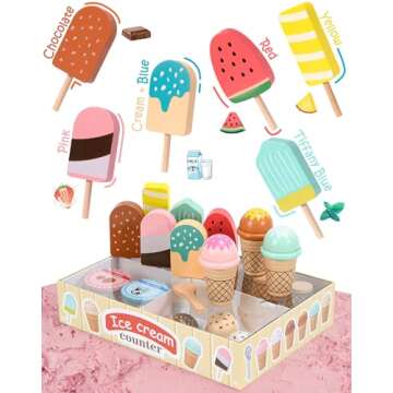Toyssa Wooden Ice Cream Toys Kids Pretend Play Store Toys for Toddlers Girls 3 4 5 6, Wooden Food Christmas Birthday Gifts Play Kitchen Accessories for 2 3 4 5 Year Old Girls Boys