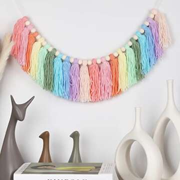 Pastel Rainbow Tassel Garland - Boho Tassel Garland with Wood Beads - Wall Decor for Dorm, Girls Room and Nursery Room for Home Party Baby Shower Supplies (Soft Colors) (C)