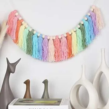 Pastel Rainbow Tassel Garland - Boho Tassel Garland with Wood Beads - Wall Decor for Dorm, Girls Room and Nursery Room for Home Party Baby Shower Supplies (Soft Colors) (C)