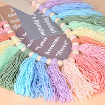 Pastel Rainbow Tassel Garland - Boho Tassel Garland with Wood Beads - Wall Decor for Dorm, Girls Room and Nursery Room for Home Party Baby Shower Supplies (Soft Colors) (C)