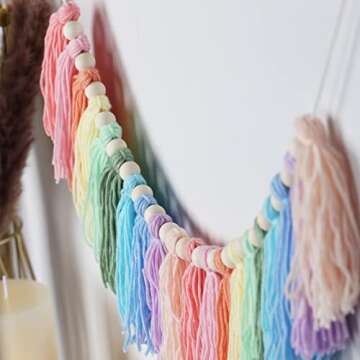 Pastel Rainbow Tassel Garland - Boho Tassel Garland with Wood Beads - Wall Decor for Dorm, Girls Room and Nursery Room for Home Party Baby Shower Supplies (Soft Colors) (C)