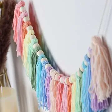 Pastel Rainbow Tassel Garland - Boho Tassel Garland with Wood Beads - Wall Decor for Dorm, Girls Room and Nursery Room for Home Party Baby Shower Supplies (Soft Colors) (C)